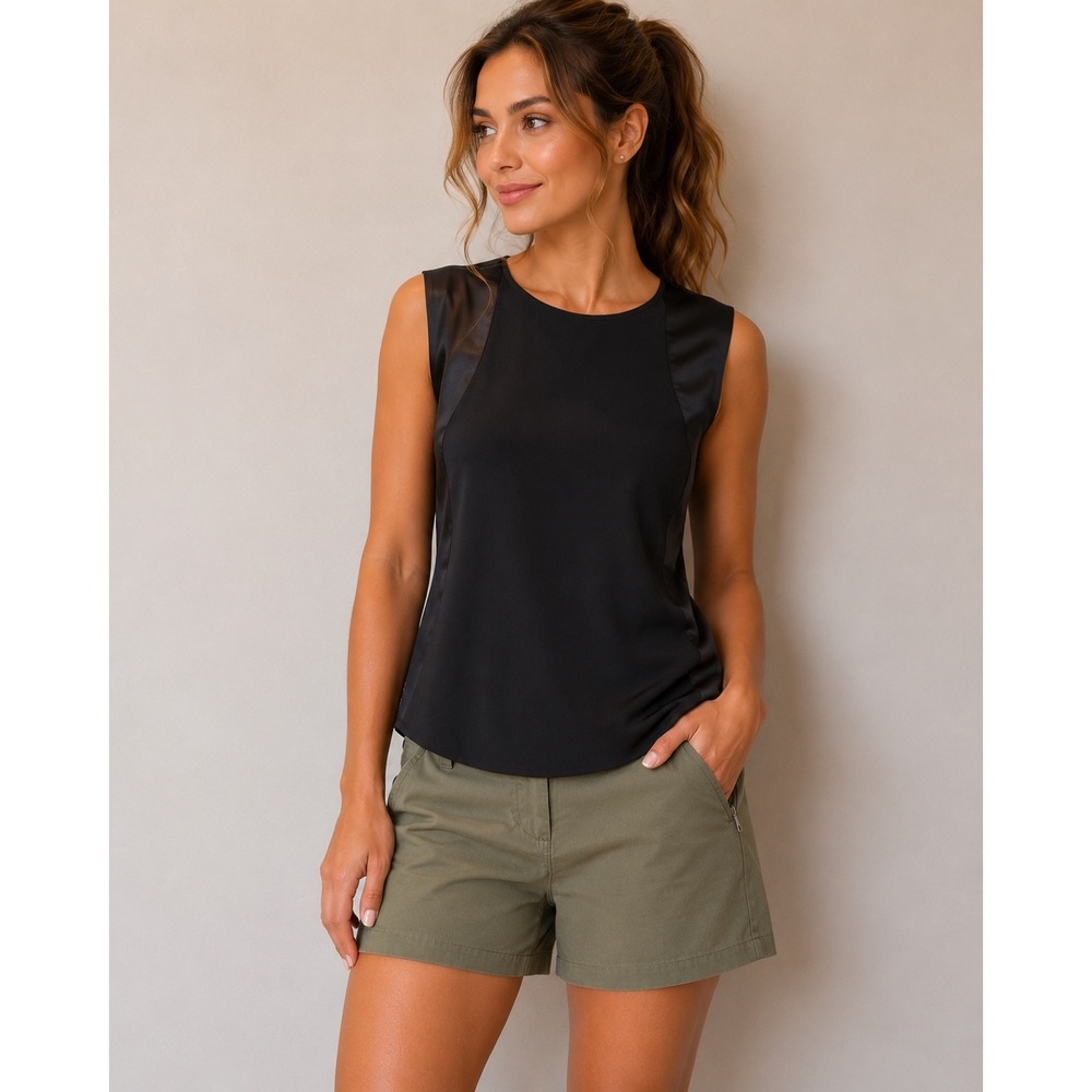 White House Black Market Black Satin Trim Sleeveless Shell Blouse Top Size 4